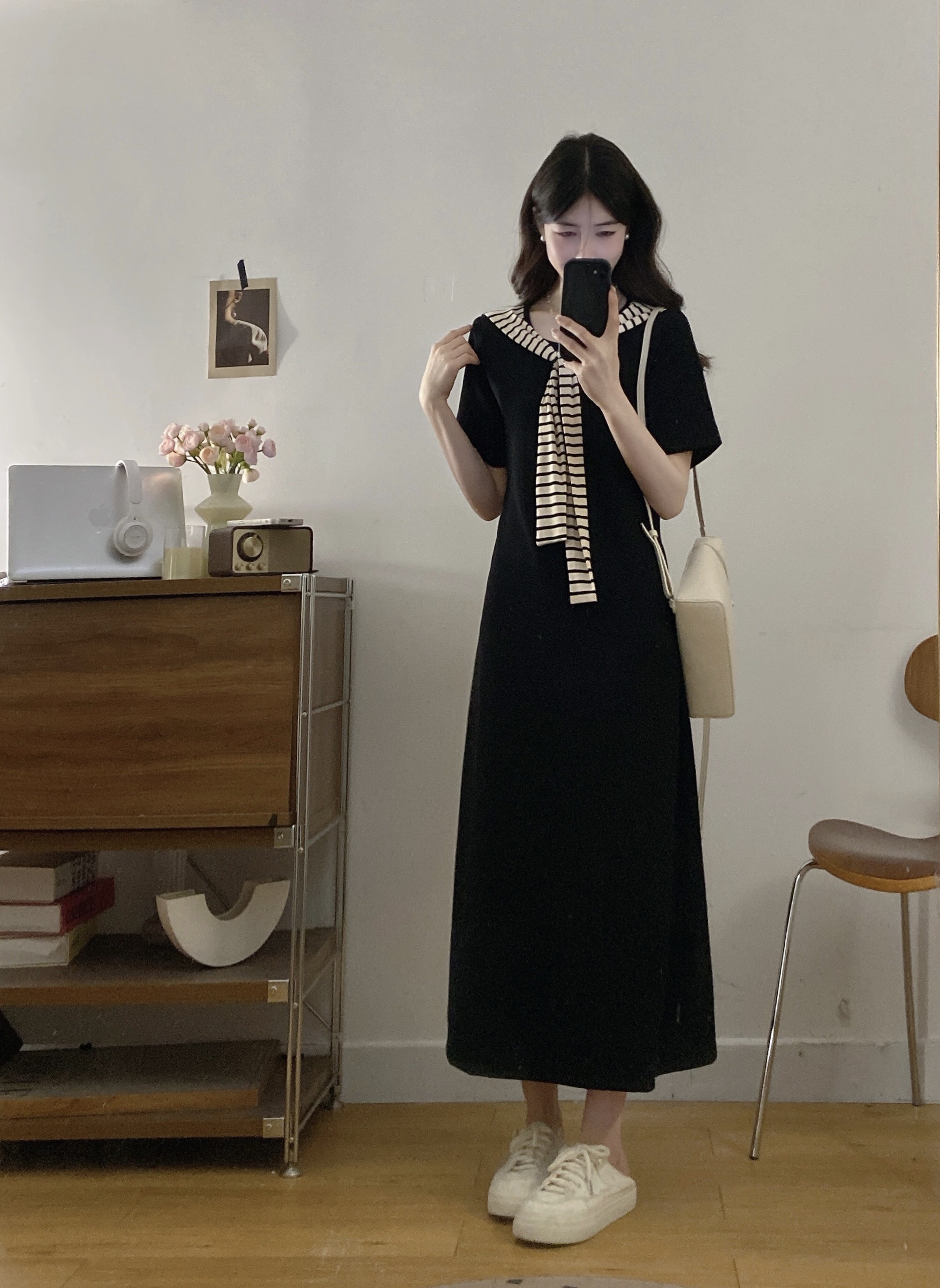 B76(3101长) 长款韩系气质时尚拼接条纹披肩领黑连身裙