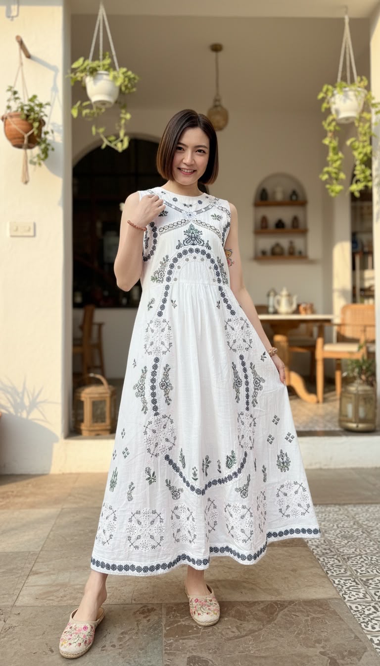 PKT 2642 White Simple Fine Garden Embroidery sleeveless OP 47"