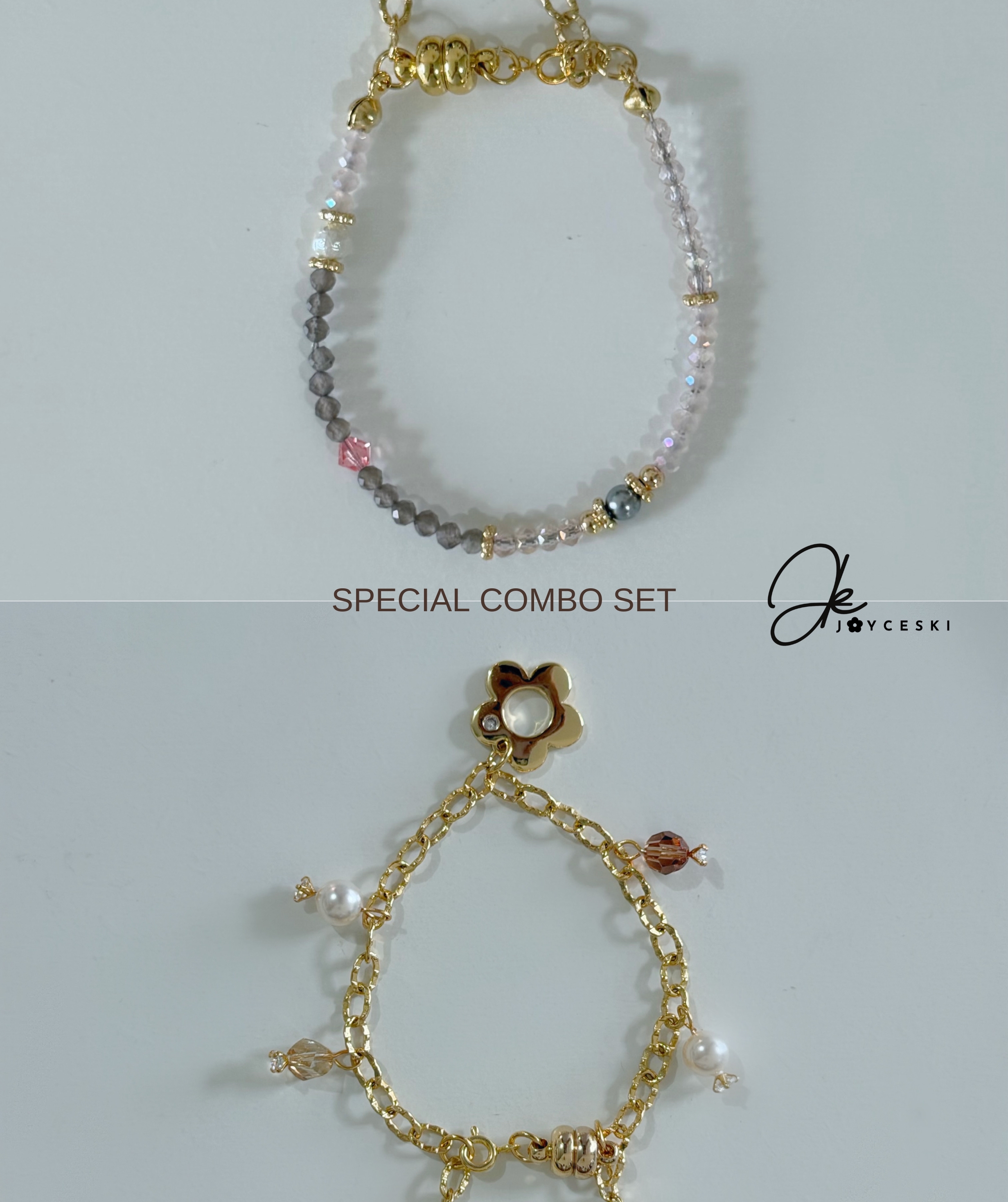 新款手鍊75折Combo Set - 粉啡混色 x 金色花形吊嘴 *預訂款