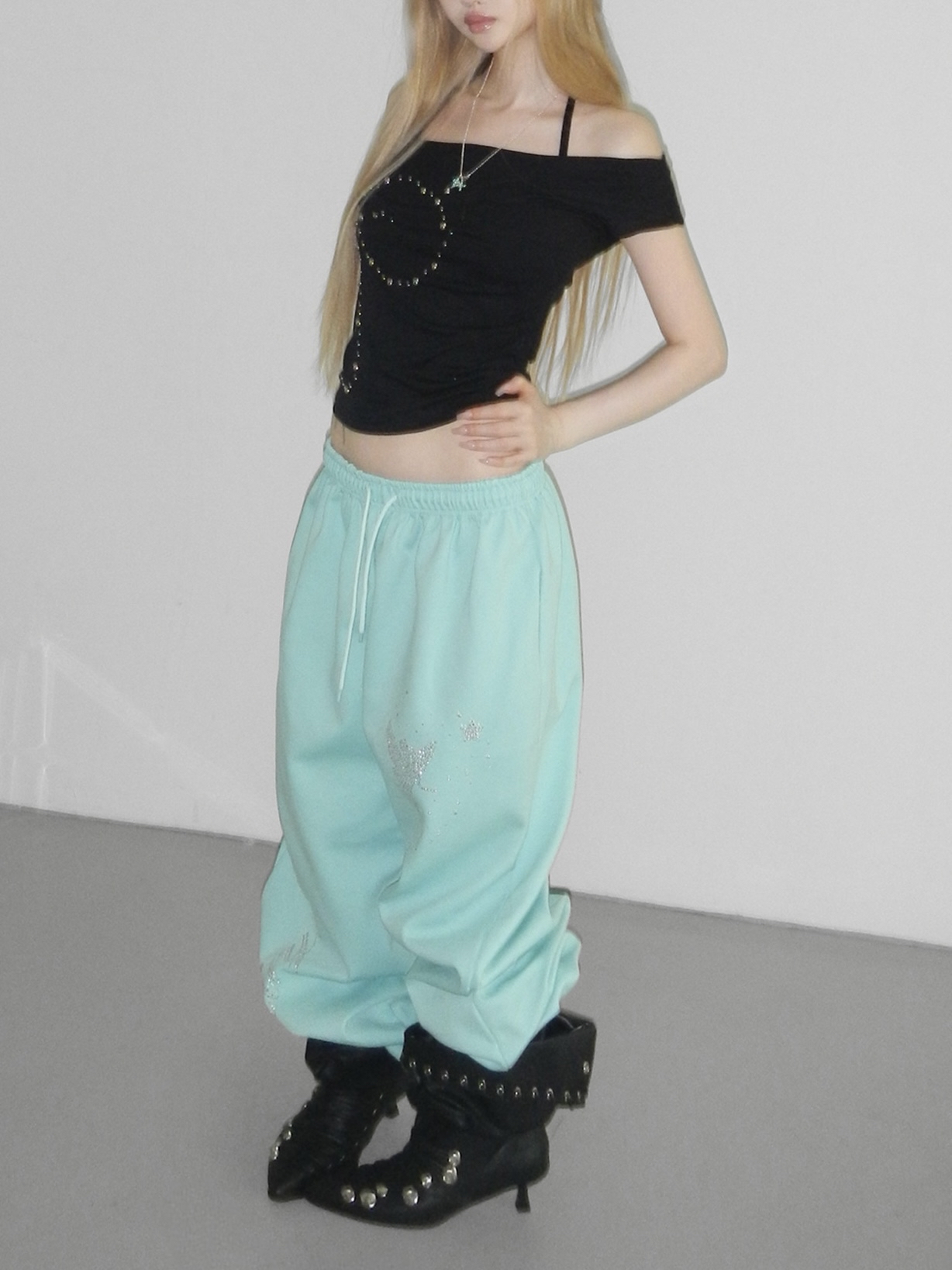 Rhinestone Graphic Wide-Leg Pants