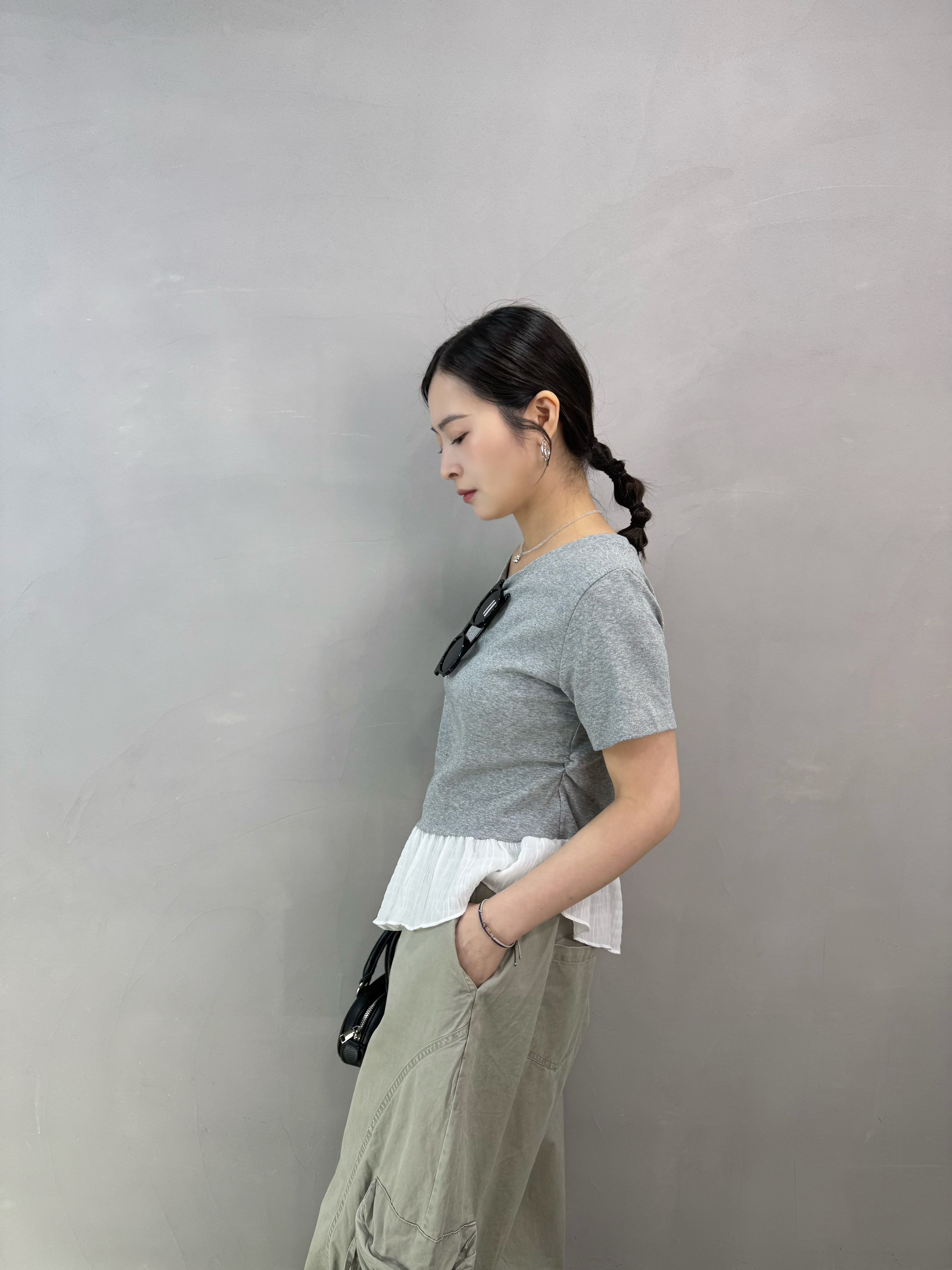S76 棉質拼斜腳ruffle top