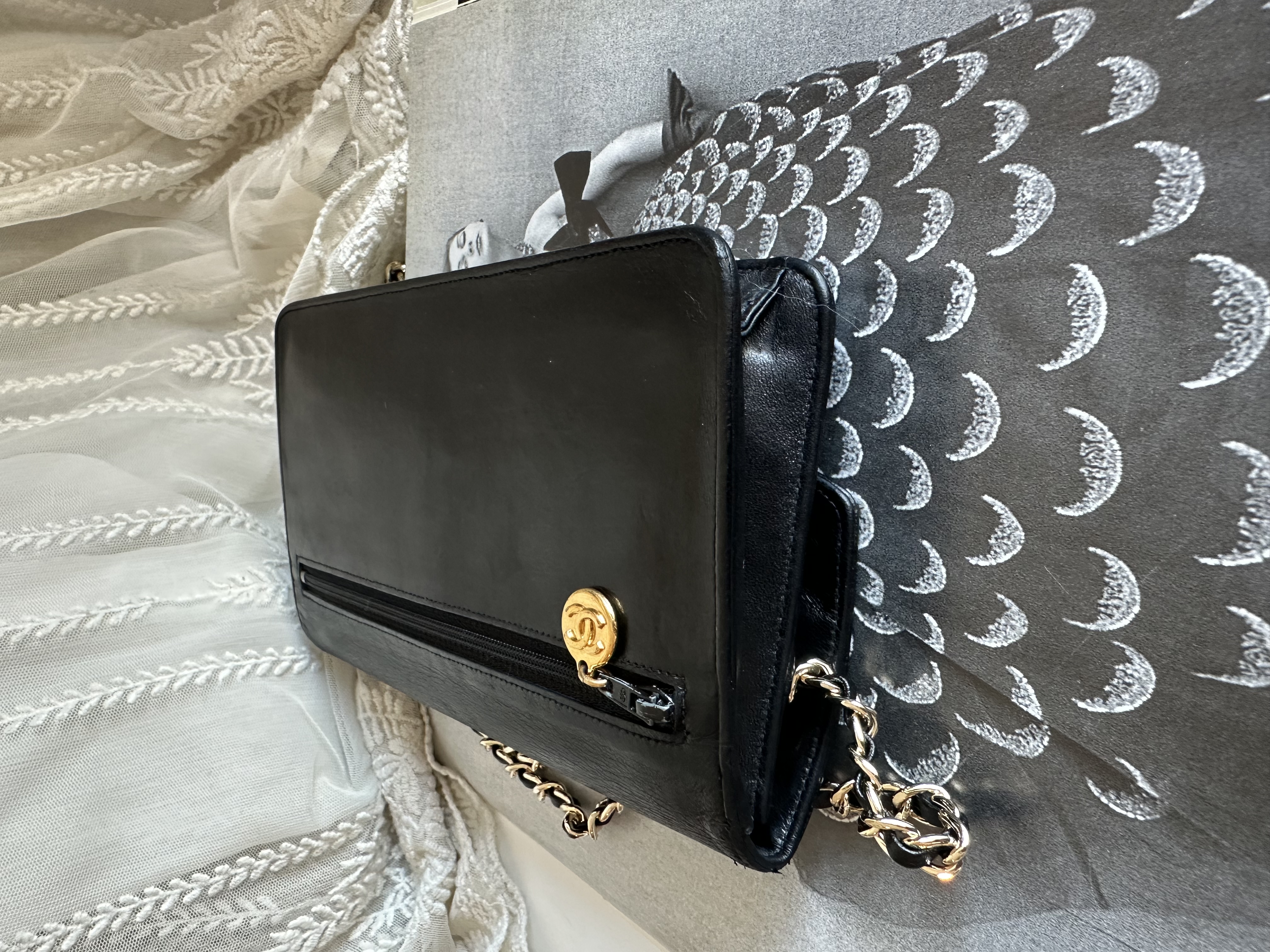 vintage chanel cc black lamb leather long wallet