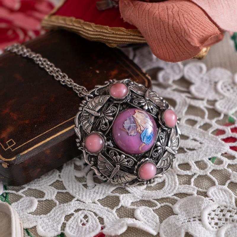 Vintage C.a. 1960s Czechoslovakian Pink Art Glass Dark Silver Tone Statement Pendant Necklace (NZ010)