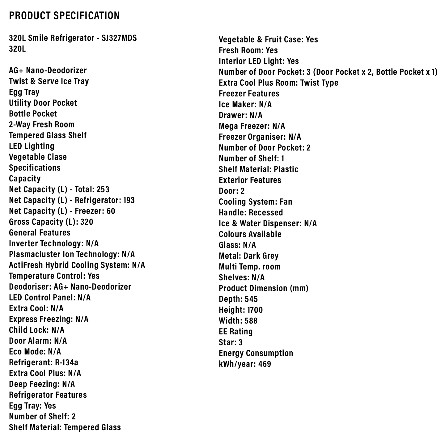 Sharp 320L Top Mount Refrigerator (SJ327MDS)