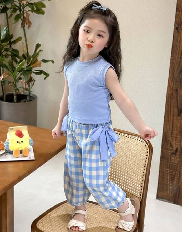 A35女童休闲蓝格子背心套装