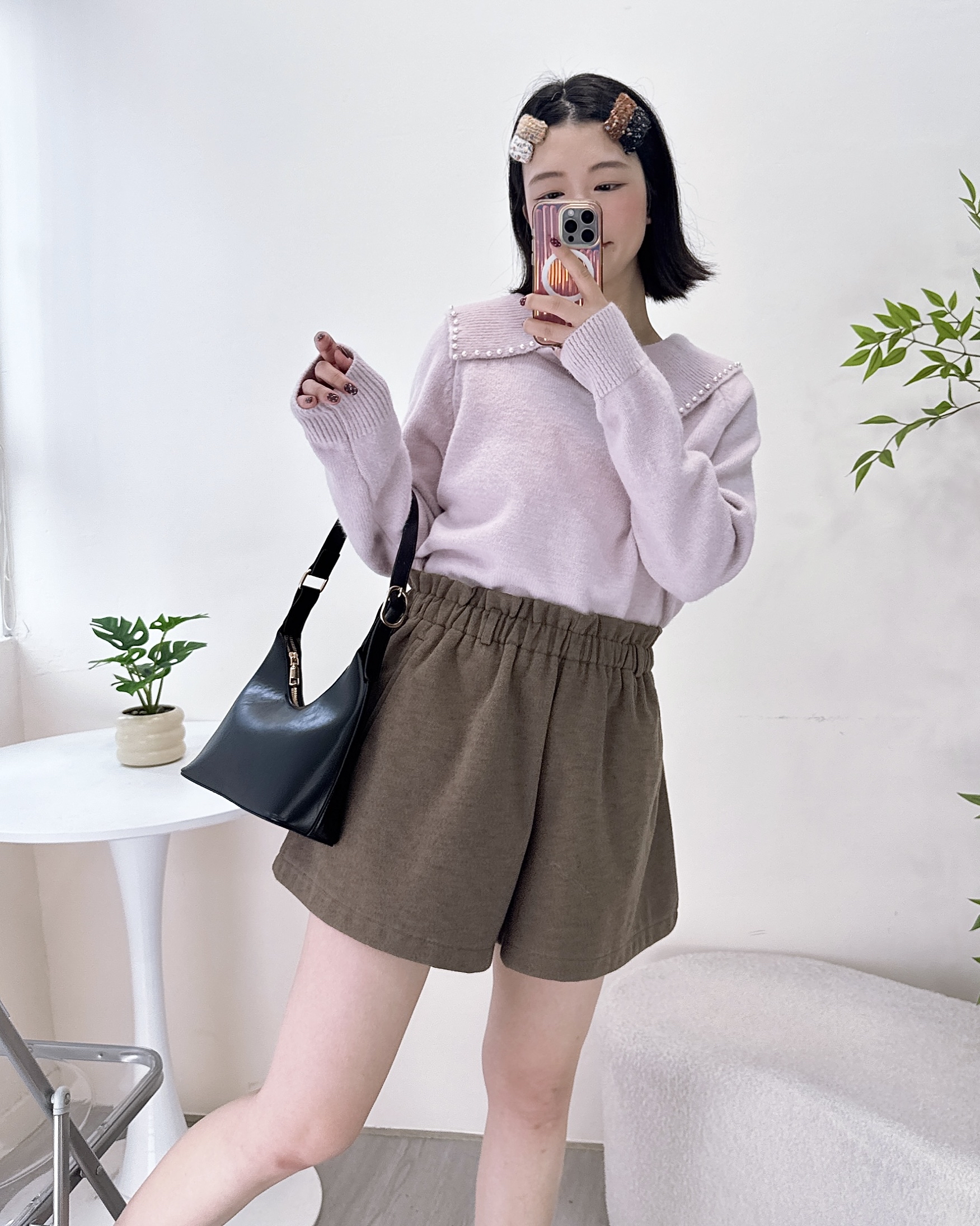 超美珍珠反領針織上衣 3色