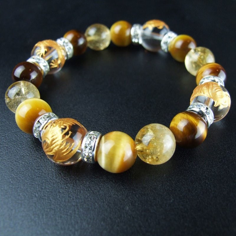 【日本白崎八幡宮】【致富好運手鍊：四神獸水晶 x 金虎眼石 x 黃水晶 x 虎眼石手鍊】 