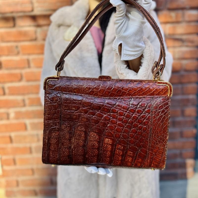 C.a. 1950s Brown Crocodile / Alligator Leather Bag from Paris (MT2258)
