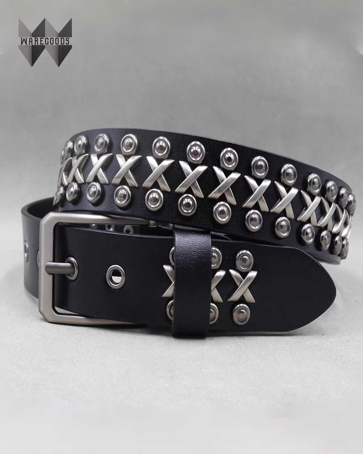 W011復古鍋釘二層牛皮皮帶