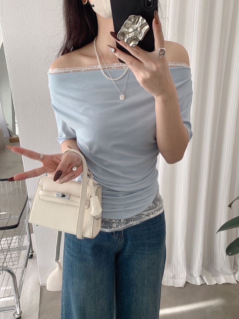 蕾丝拼接假两件荡领短袖T恤 褶皱显瘦纯欲气质上衣