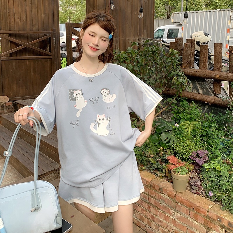 B287(569311) 韩系温柔休闲风小猫印花上衣与短裤粉蓝套装