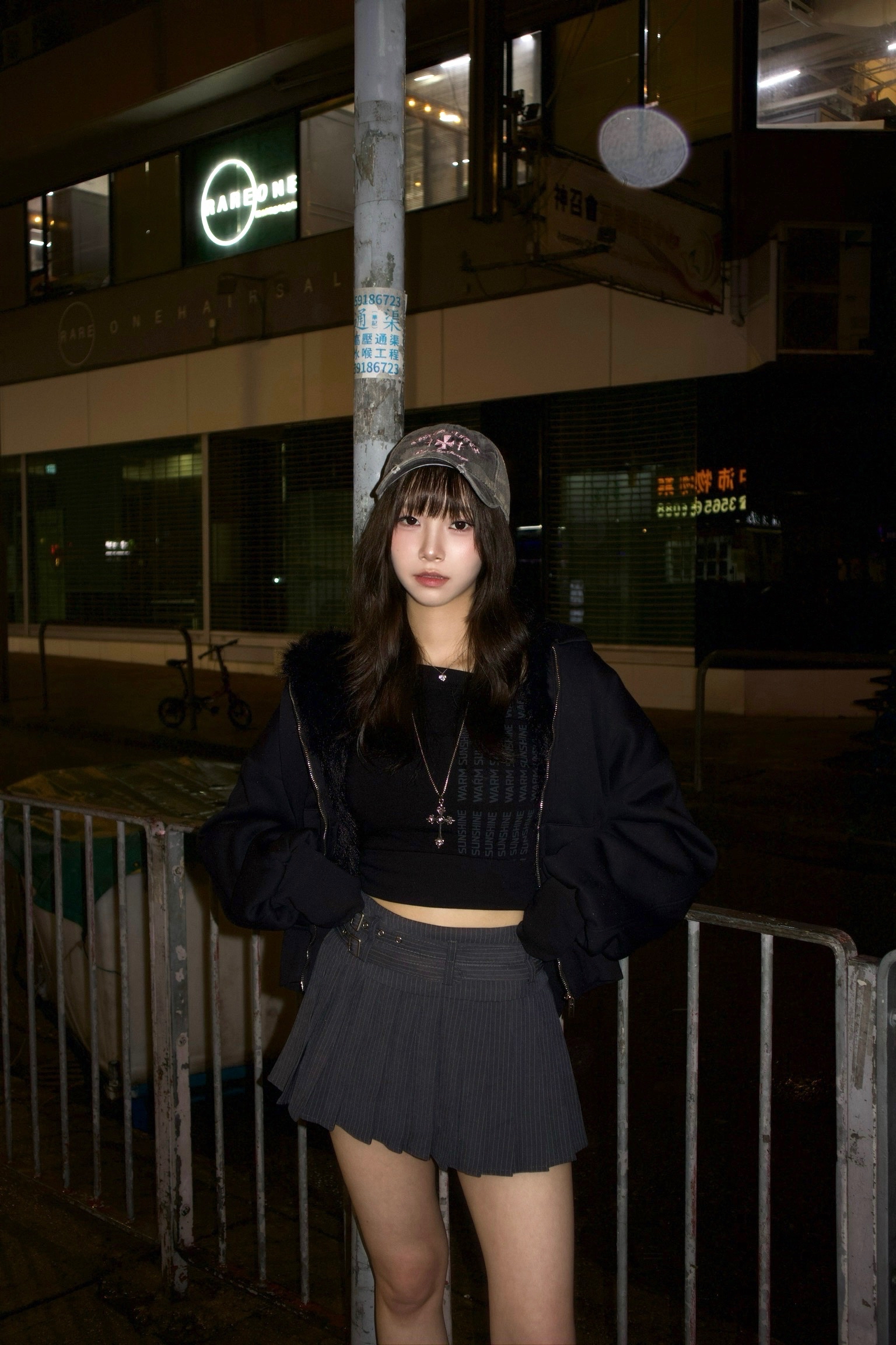 韓國直條間雙扣皮帶百褶裙