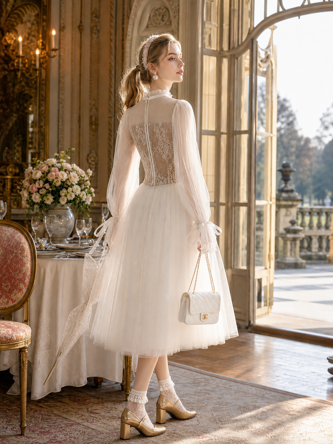 維多利亞蕾絲輕紗公主泡泡袖禮服 Victorian Ethereal Lace Princess Gown