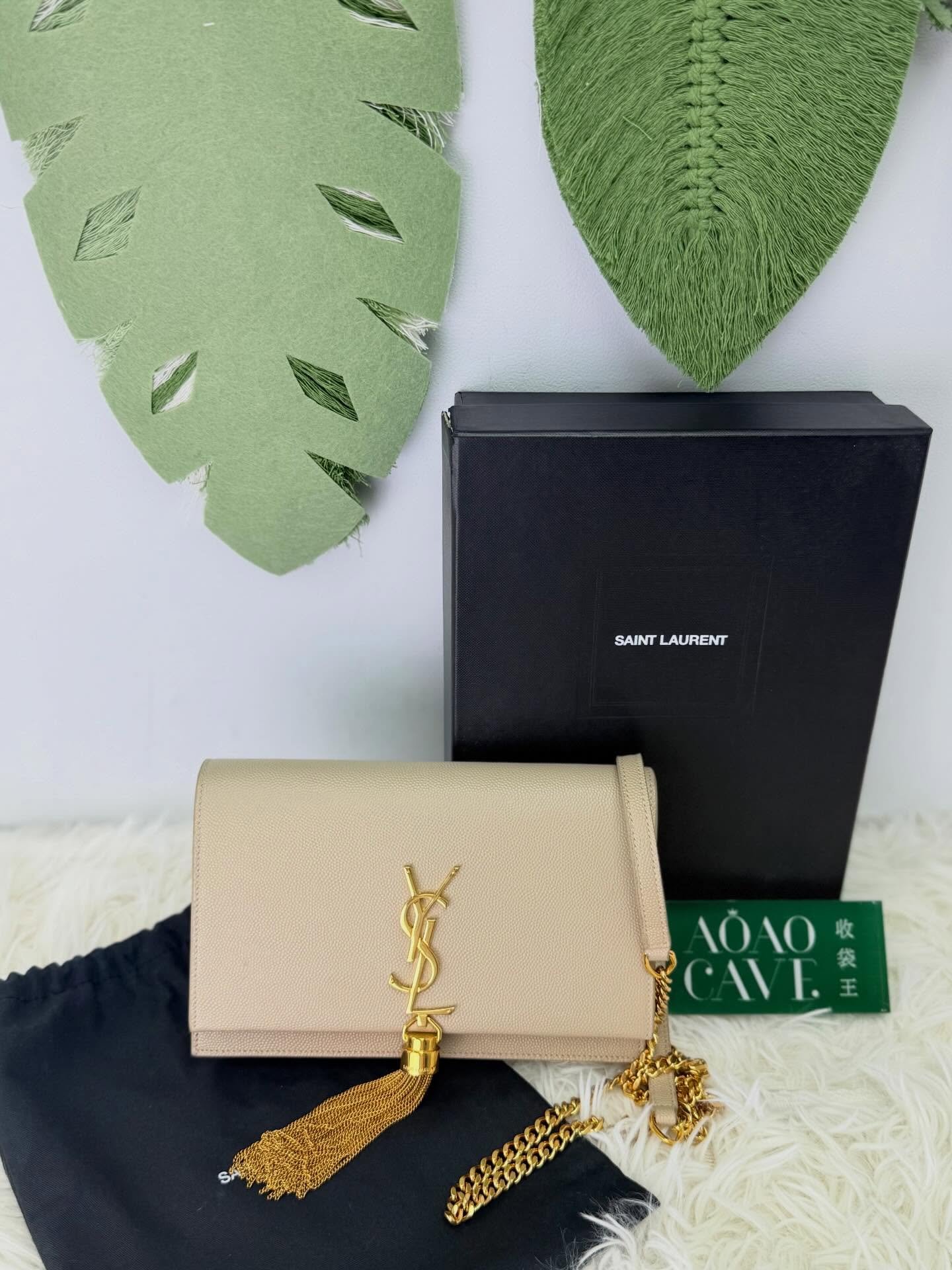 YSL🤍PRE OWNED 奶茶色 荔枝皮WOC 鏈條包 全套有盒🖤