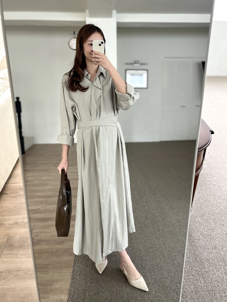 Minimal Belted Shirt Dress (Khaki)