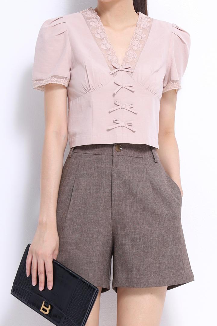 CB2743 French Lace Bow Cropped Blouse