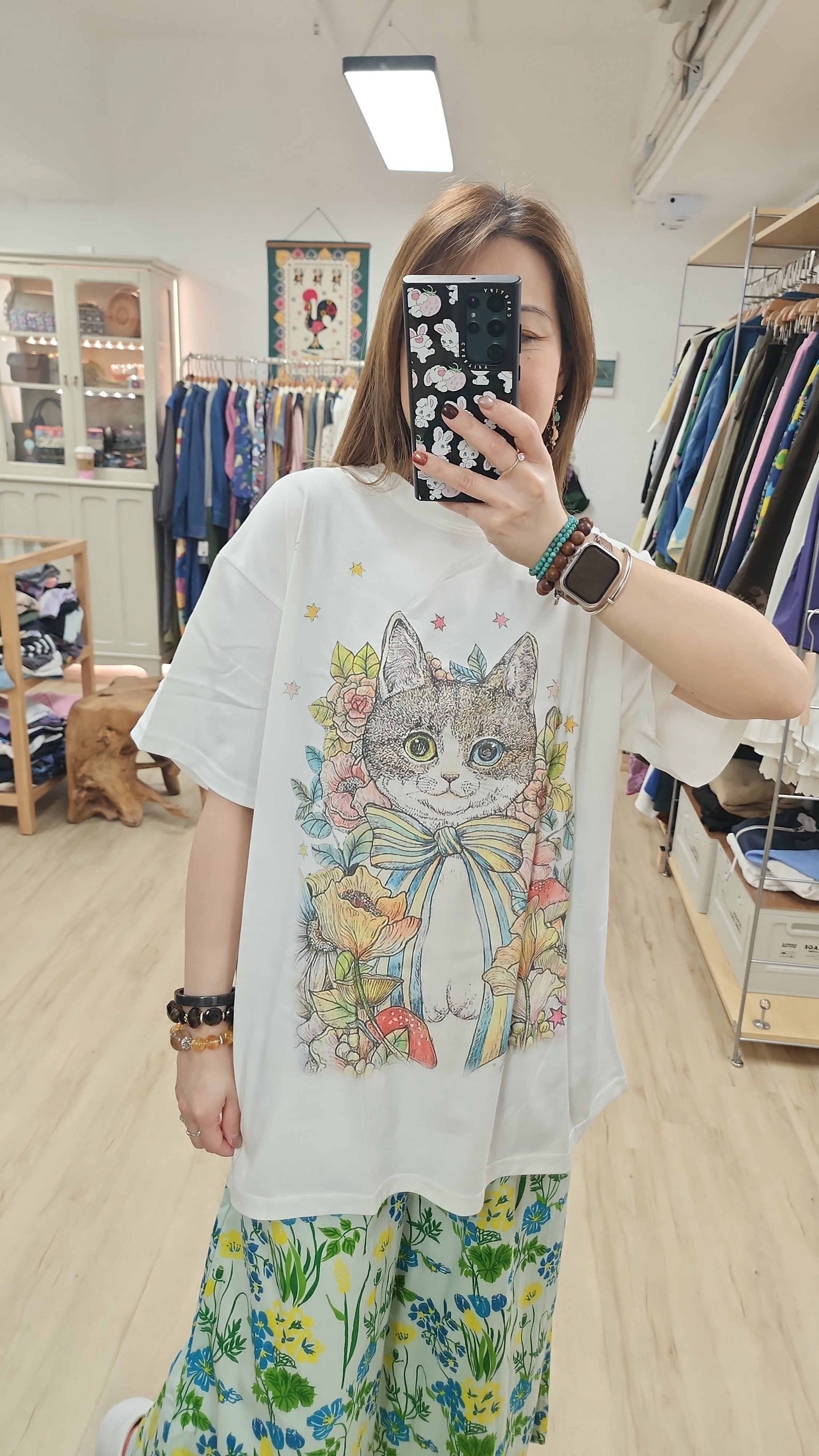 韓國米白拼大貓貓印圖中長Tee