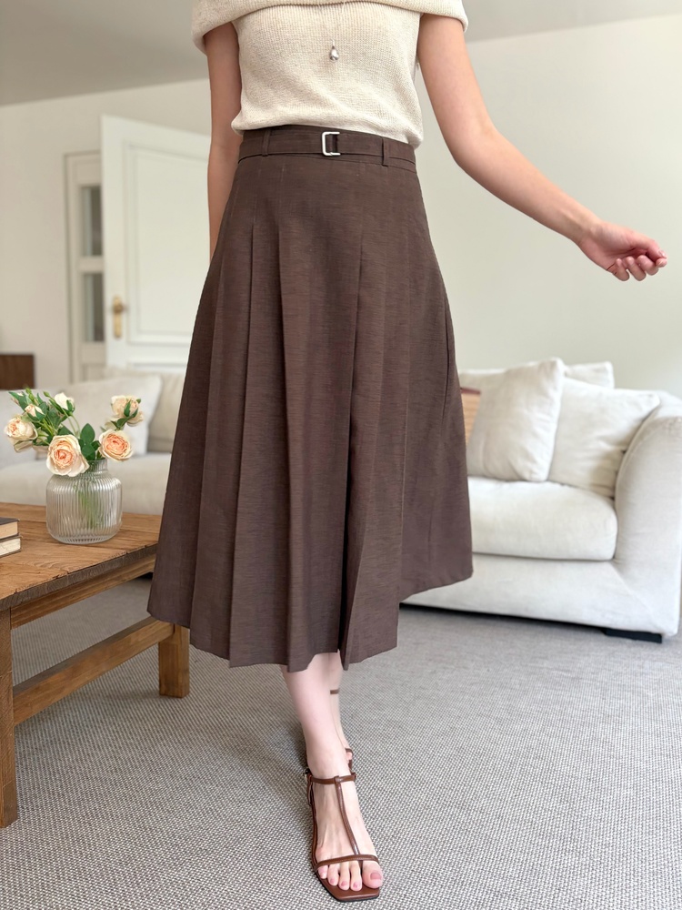 Linen Blend Pleated Skirt (Brown)