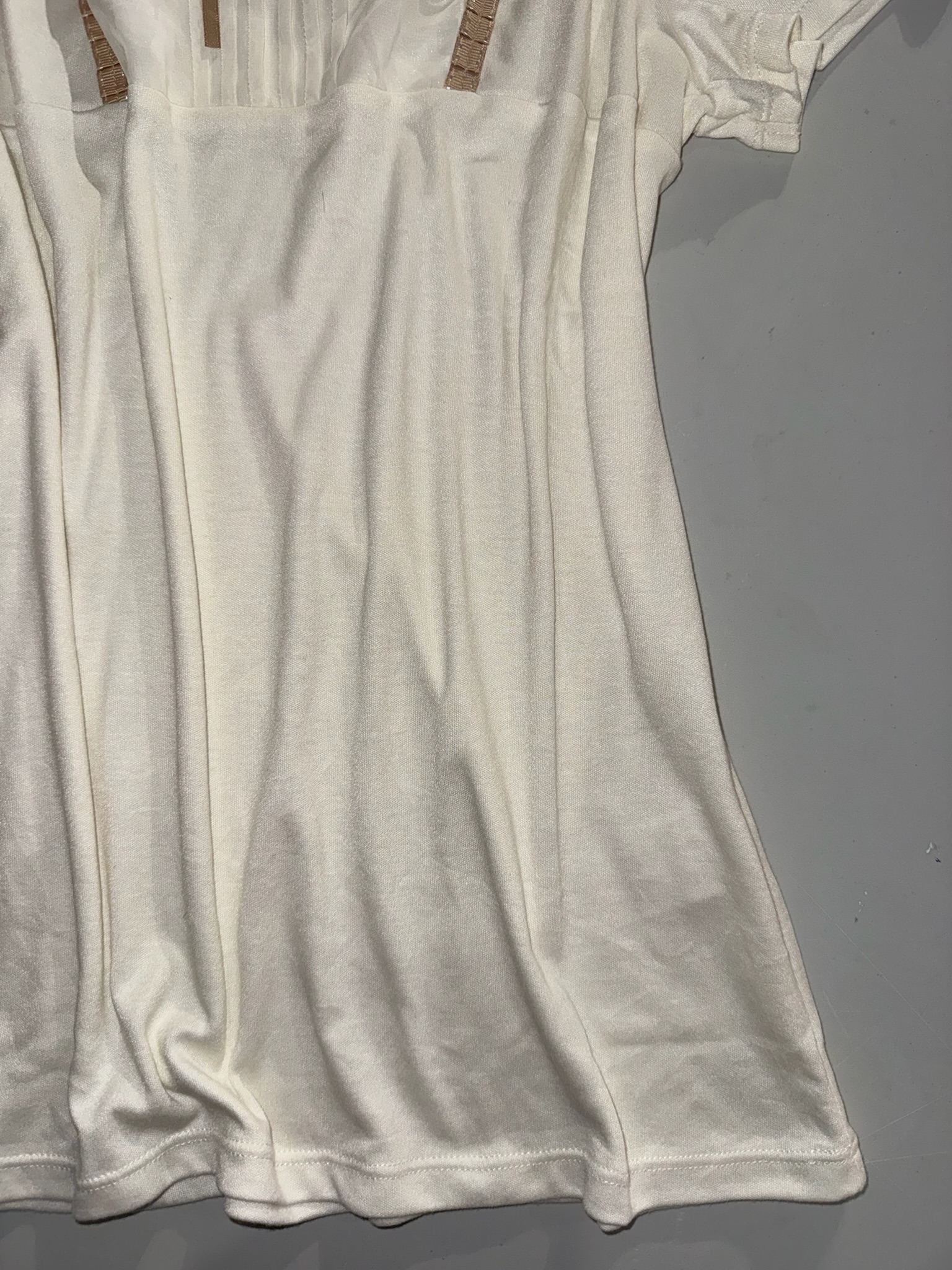 Off-White Ribbon Accent Lace Patchwork Short Sleeve Top