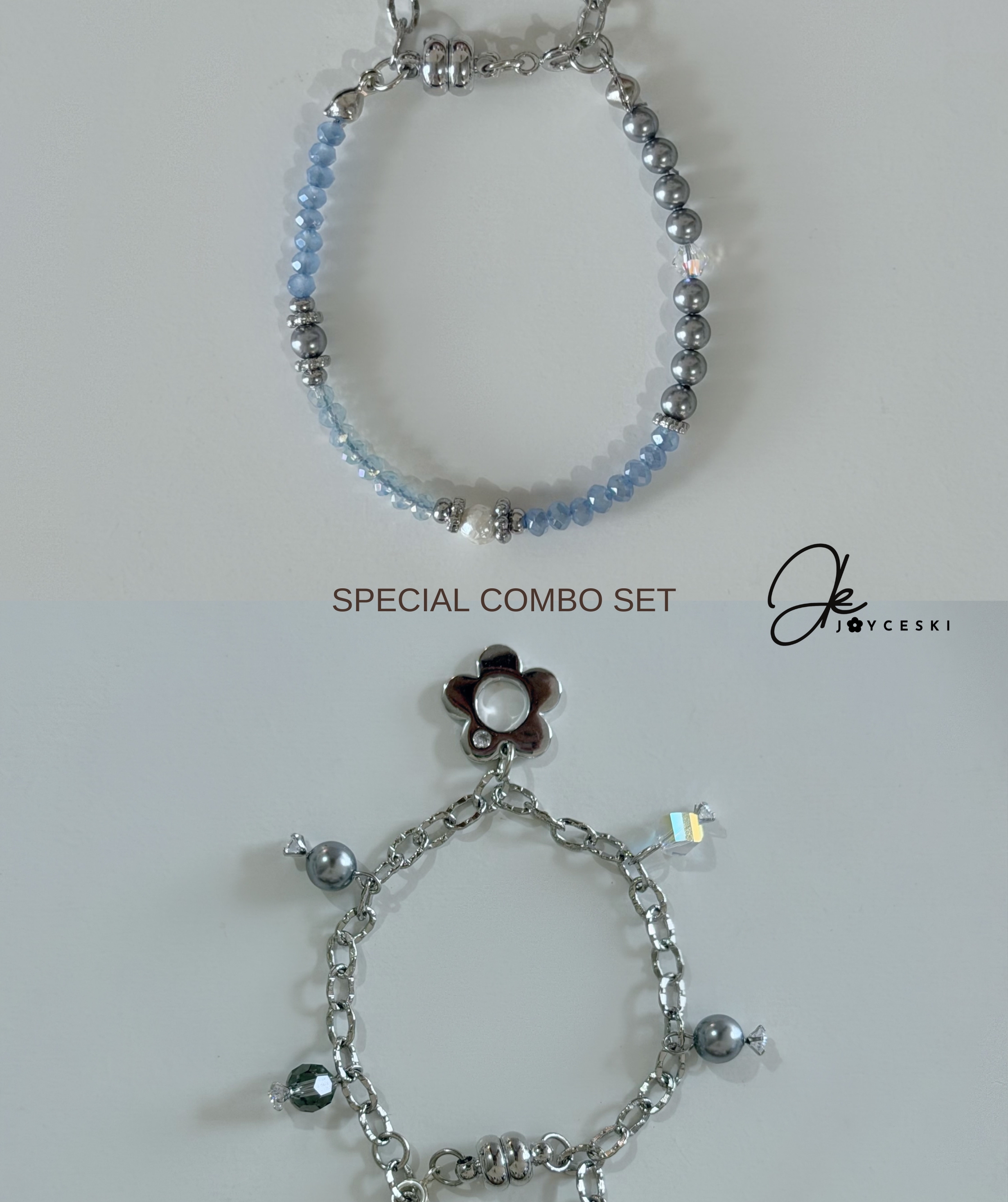 新款手鍊75折Combo Set - 奶油藍色 x 銀色花形吊嘴 *預訂款