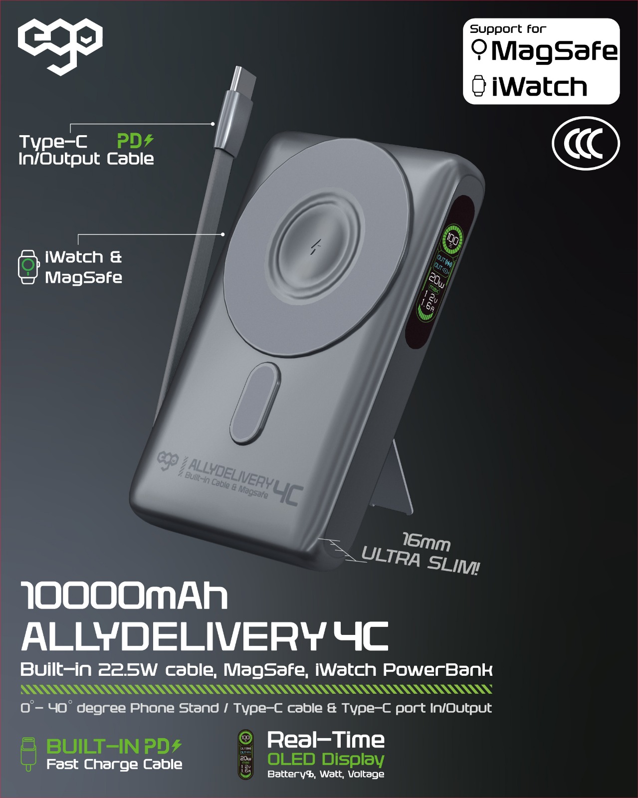 EGO ALLYDELIVERY 4C 10000mAh 多功能行動電源：內建 MagSafe、iWatch 充電、22.5W 快充線
