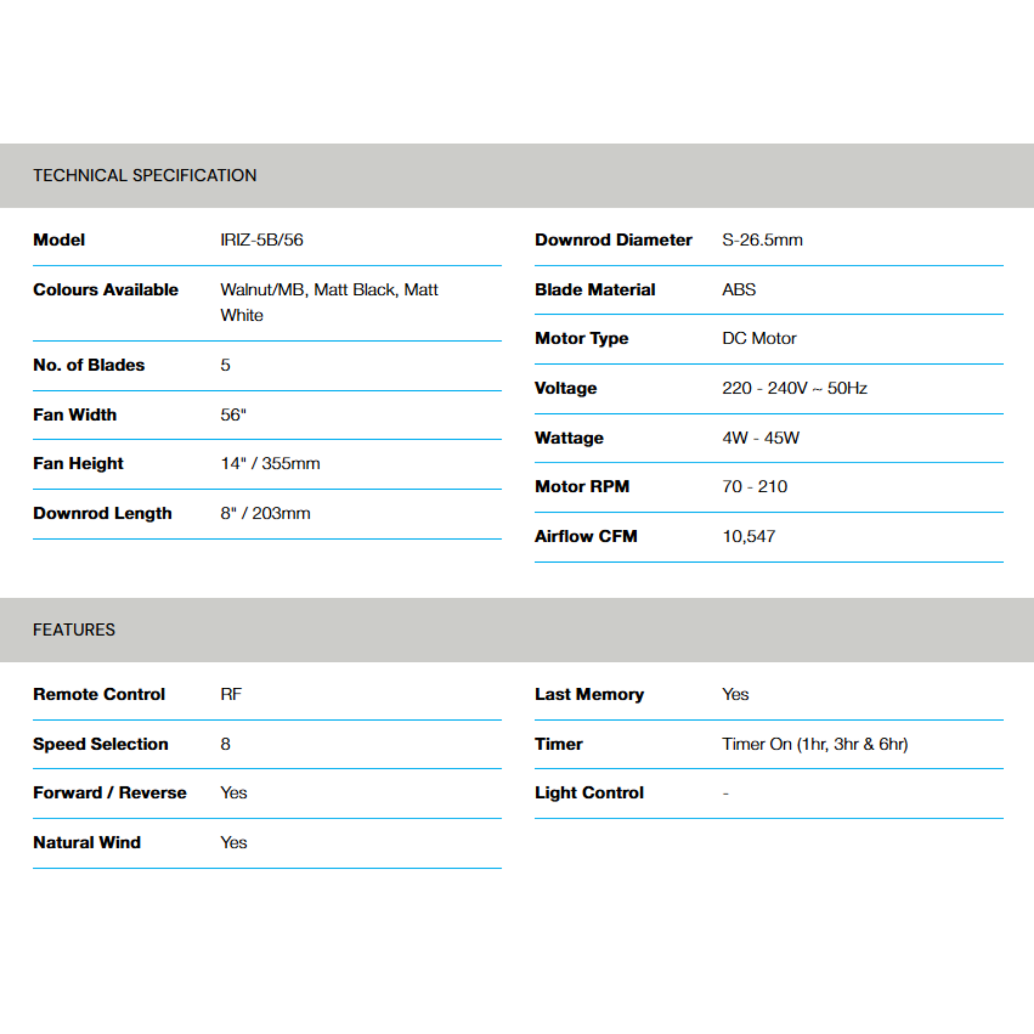 Alpha 56" Iriz DC Motor ABS Ceiling Fan (IRIZ-5B)