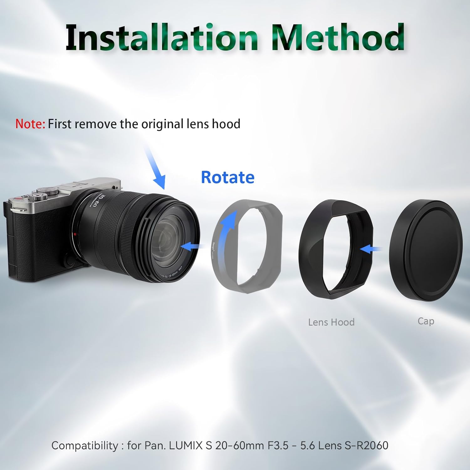 Haoge LH-L2060 Square Metal Lens Hood For Panasonic LUMIX S 20-60mm F3.5 - 5.6 Lens With Metal Cap Kit 方形遮光罩