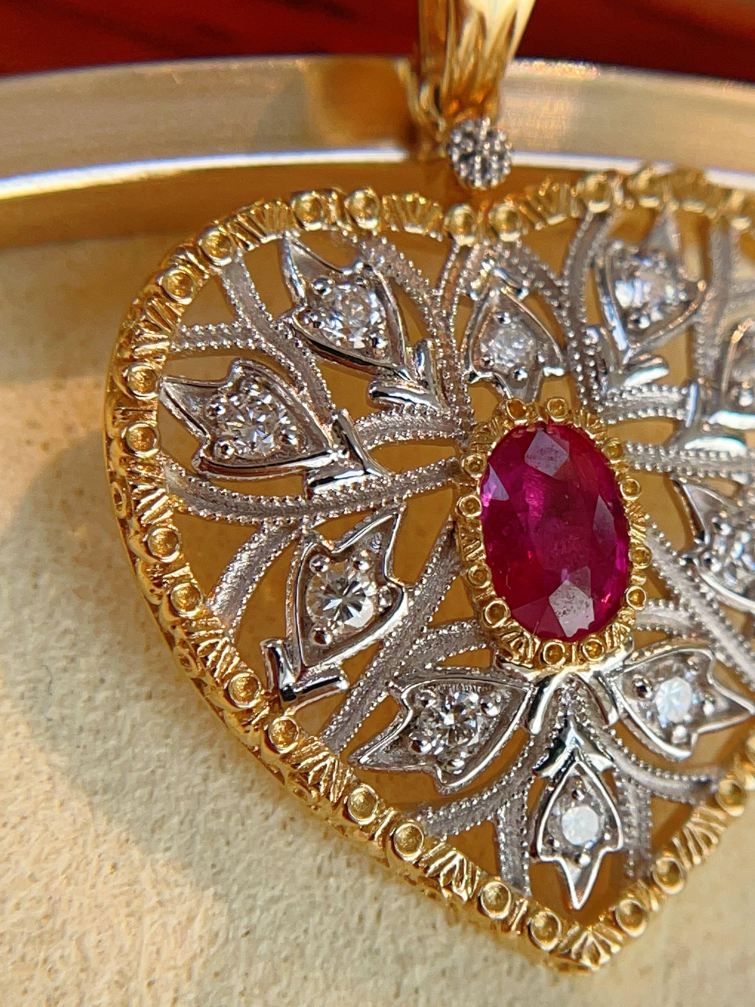 Two-Tone Gold Ruby Filigree Heart Pendant N031355