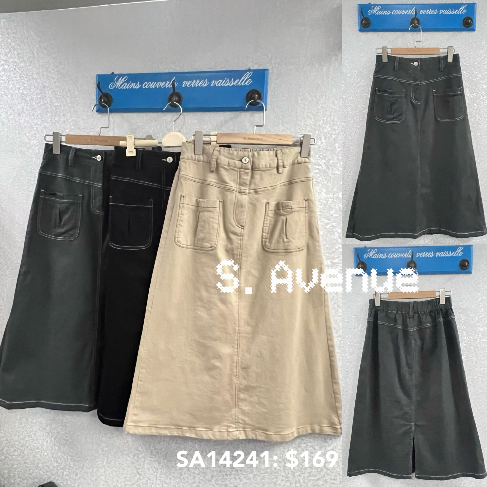 SA14241: 半截有鈕有拉鍊明線前雙袋小A字裙