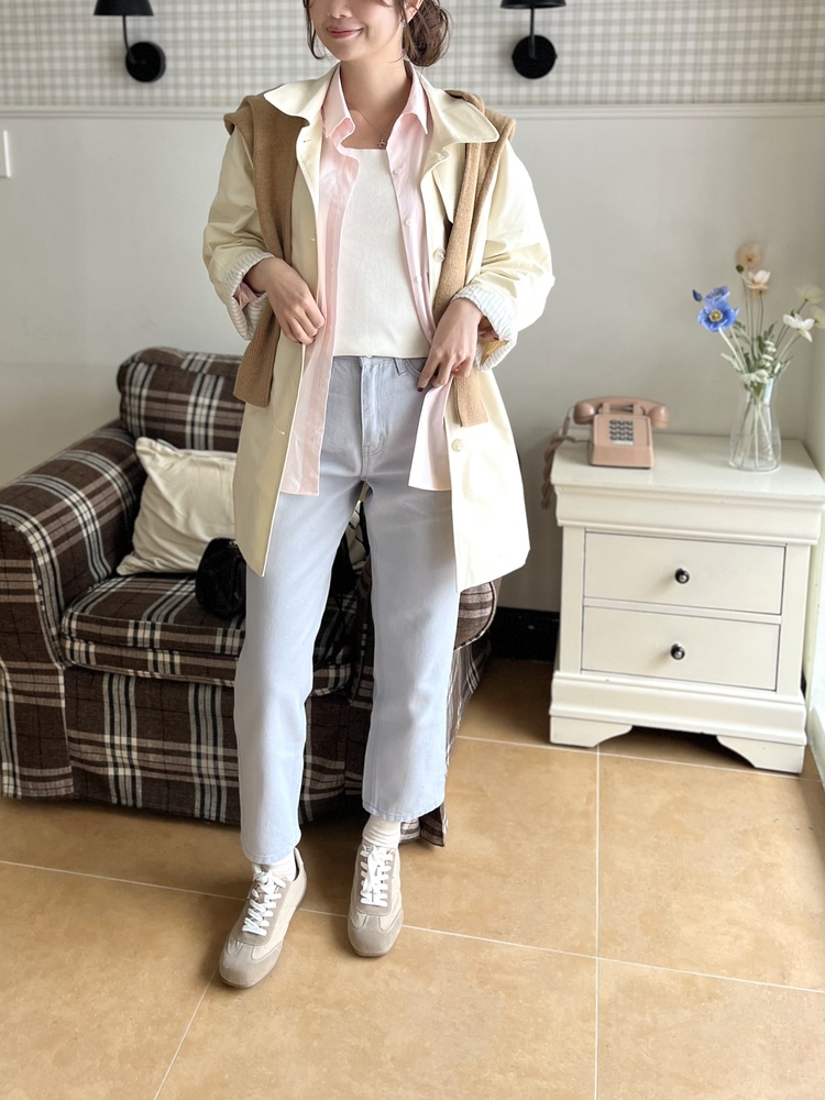 Stripe-Lined Relaxed Trench Coat (Cream)