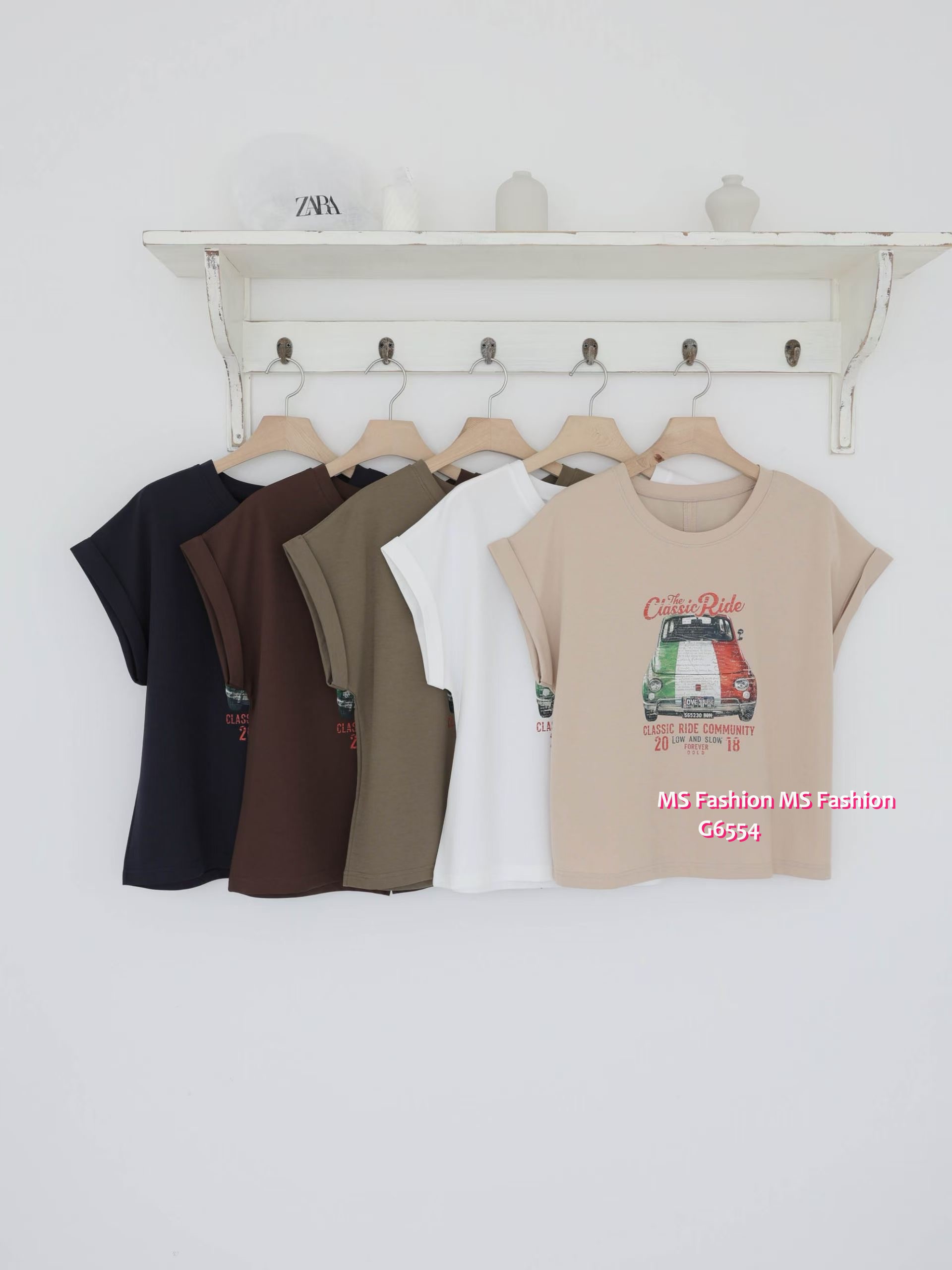 G6554 靚print摺袖後開叉top