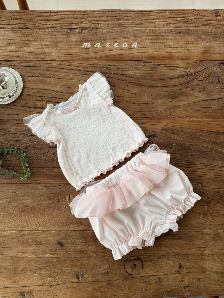 ☀️預訂 韓國直送☀️🇰🇷Marron兩色碎花薄紗荷葉邊袖背心燈籠褲套裝