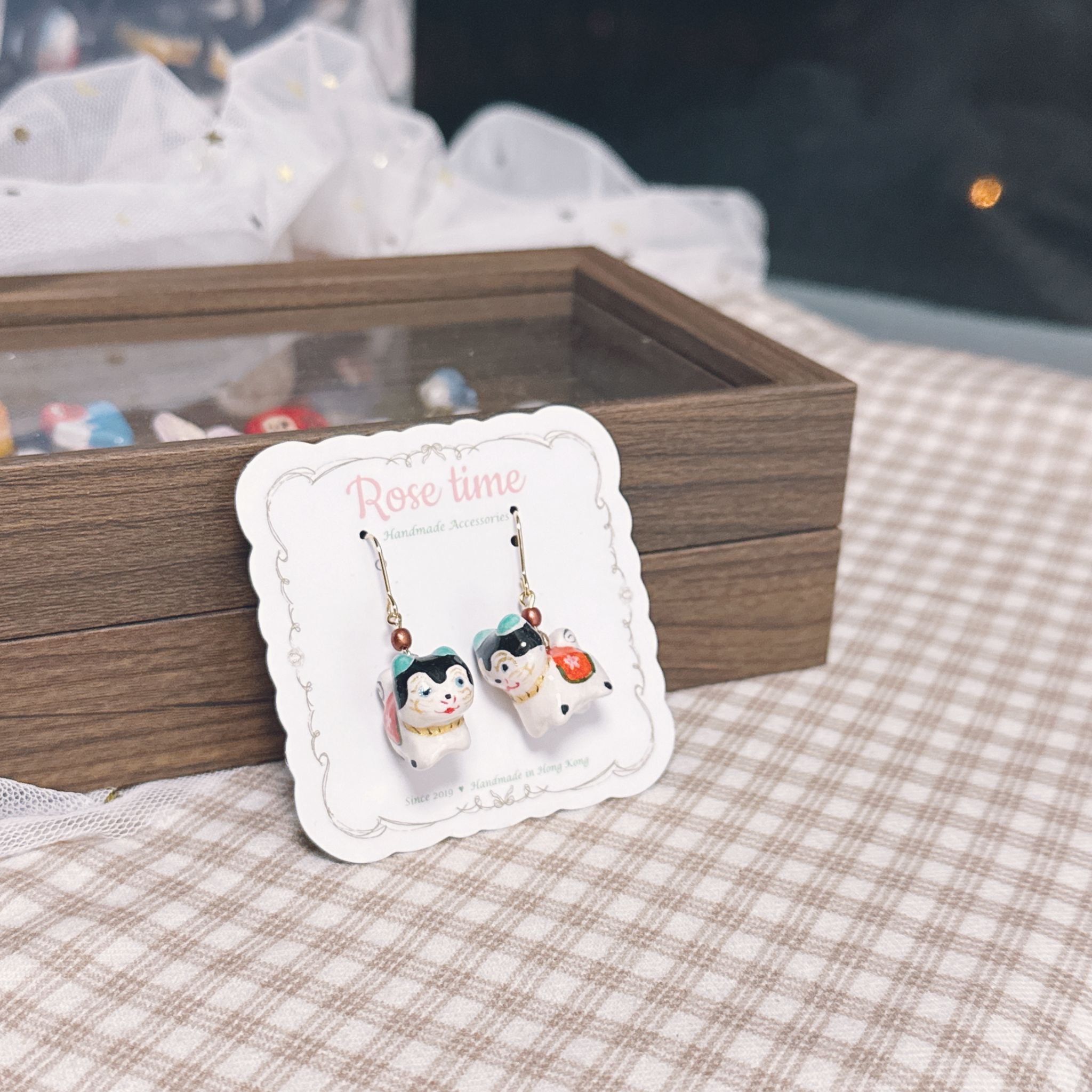 手繪 立體犬張子 緣起物 耳環