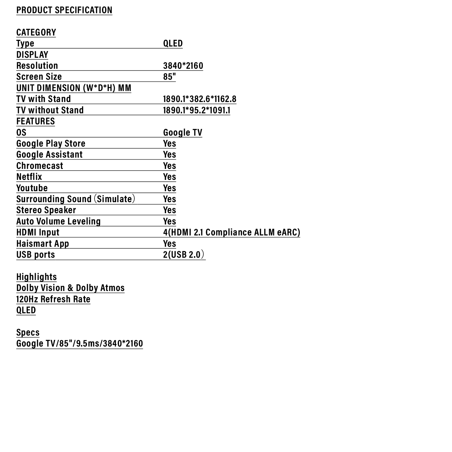 Haier 85" 4K UHD Smart TV (H85S800UX)