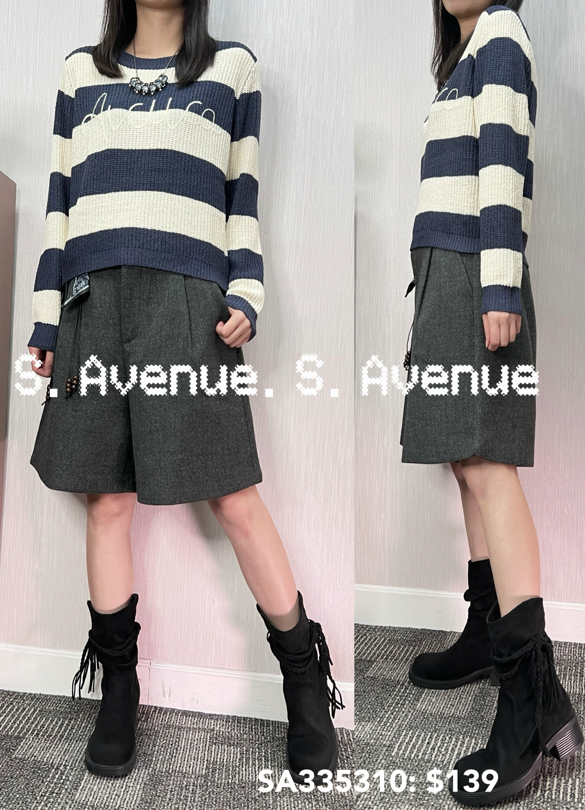 SA335310: 長袖間條繡英文字線冷top