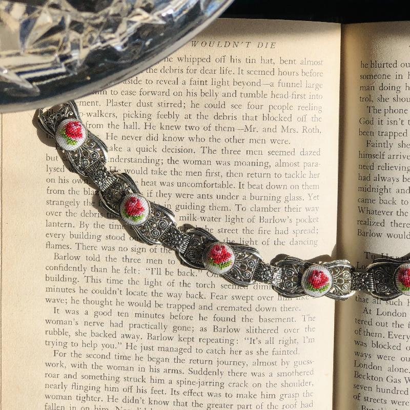 C.a. 1980s Rose Needlepoint Silver Tone Bracelet / Pendant - New Old Stock(MT1139/MT1140)