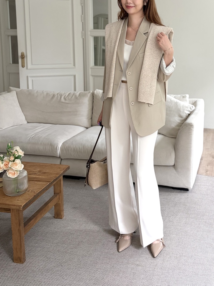 Margot Blazer with Striped Cuffs (Beige)