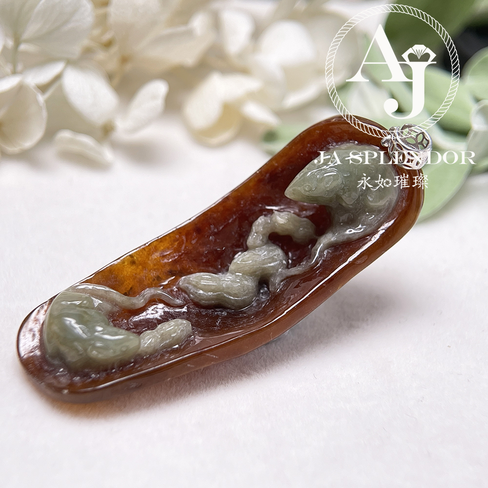 JNK 303 天然翡翠A玉-特色巧雕紅翡【鼠】鴻運數錢招財進寶18K吊墜