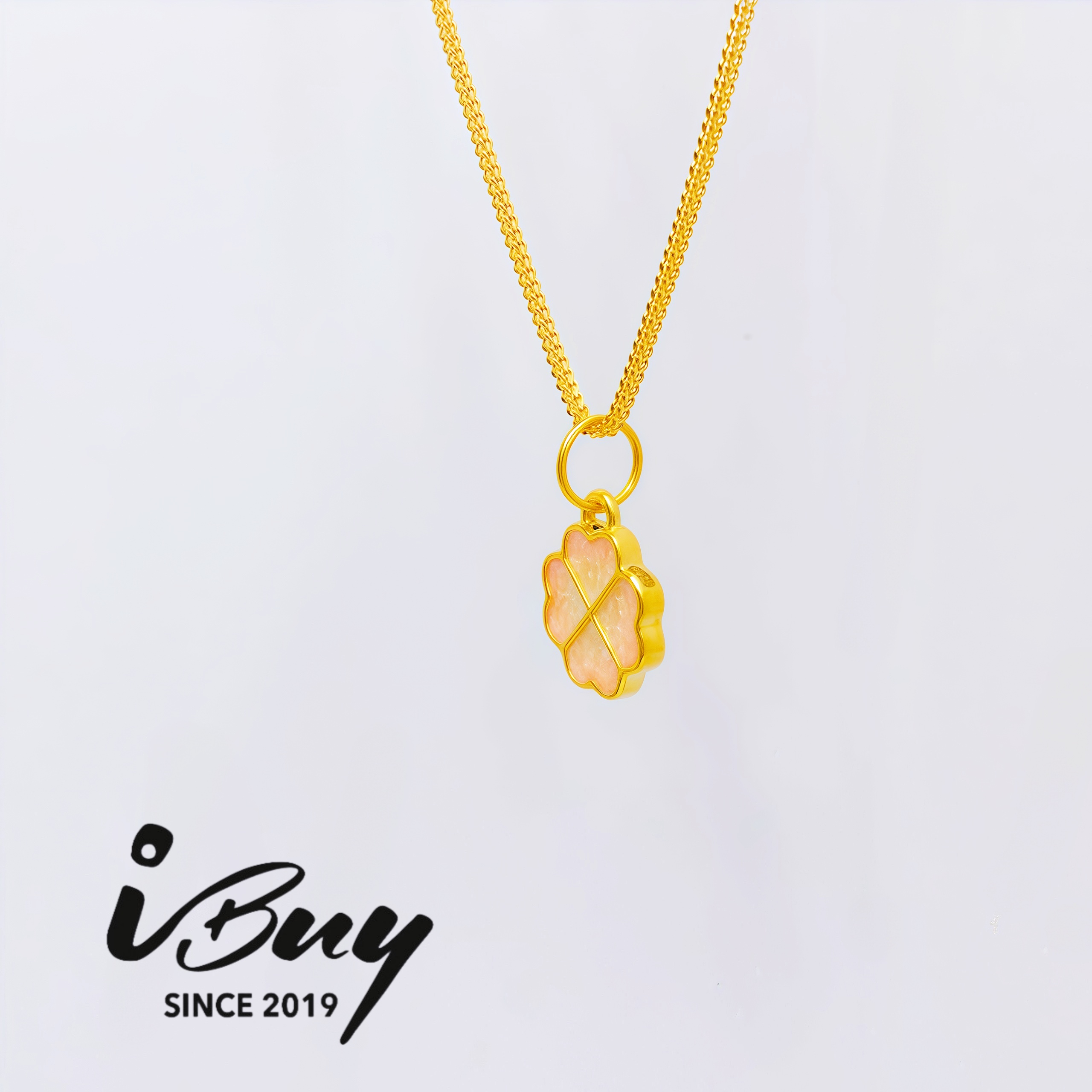 999 GOLD ENAMEL 4 PETAL HEART SHAPPED FLOWER PENDANT - PINK 999 金 珐琅四瓣爱心花 - 粉