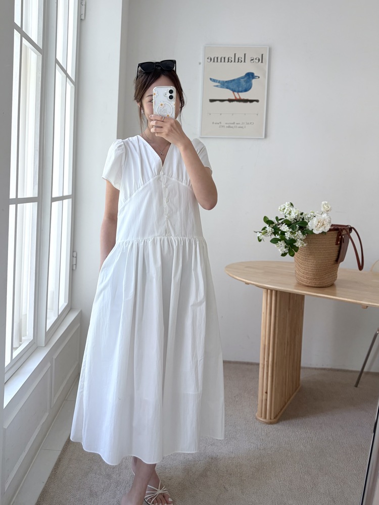 Airy Button Front Long Dress (White)