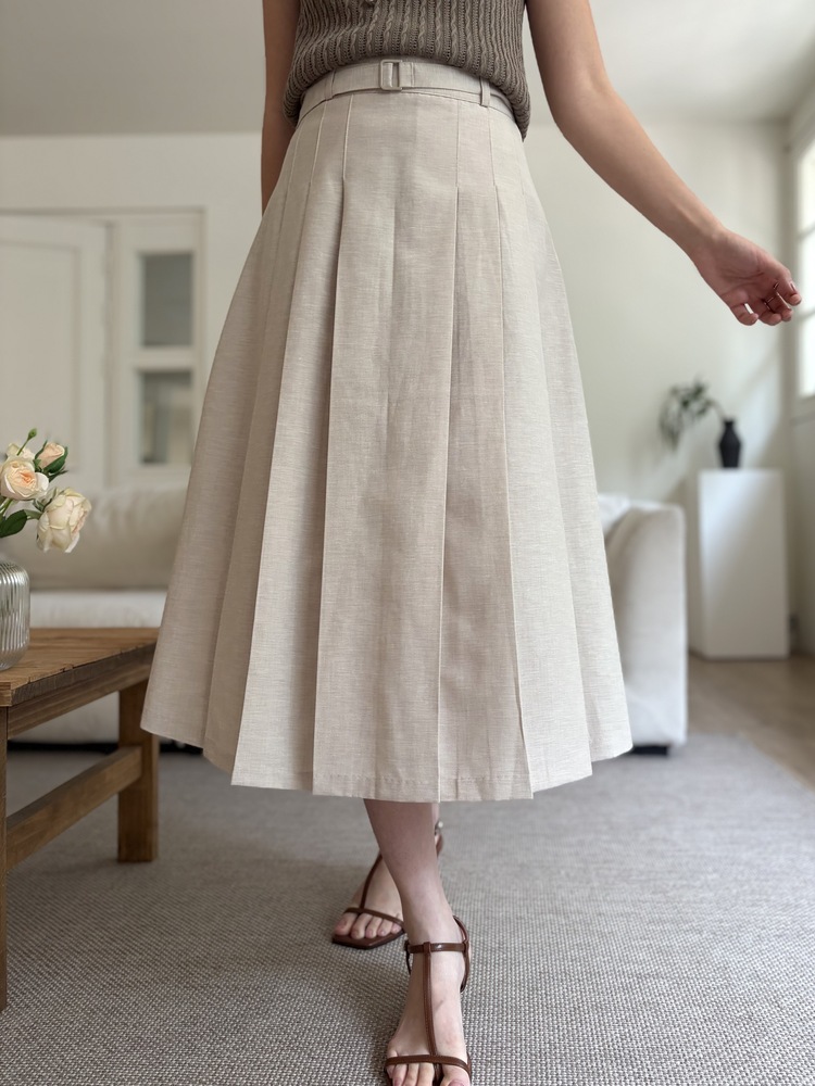 Linen Blend Pleated Skirt (Oat)