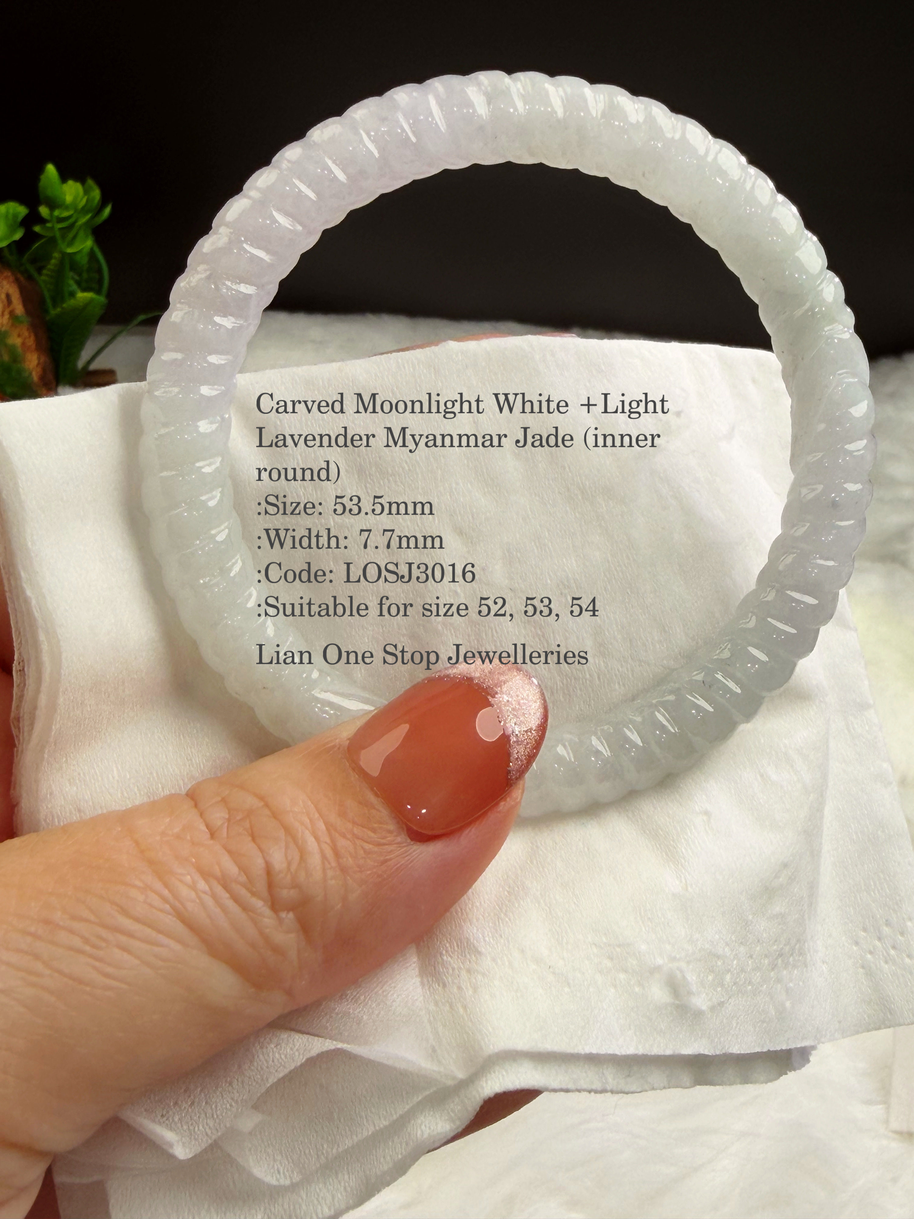 5.35cm Code: LOSJ3016 Carved Moonlight White +Light Lavender Myanmar Jade (inner round)