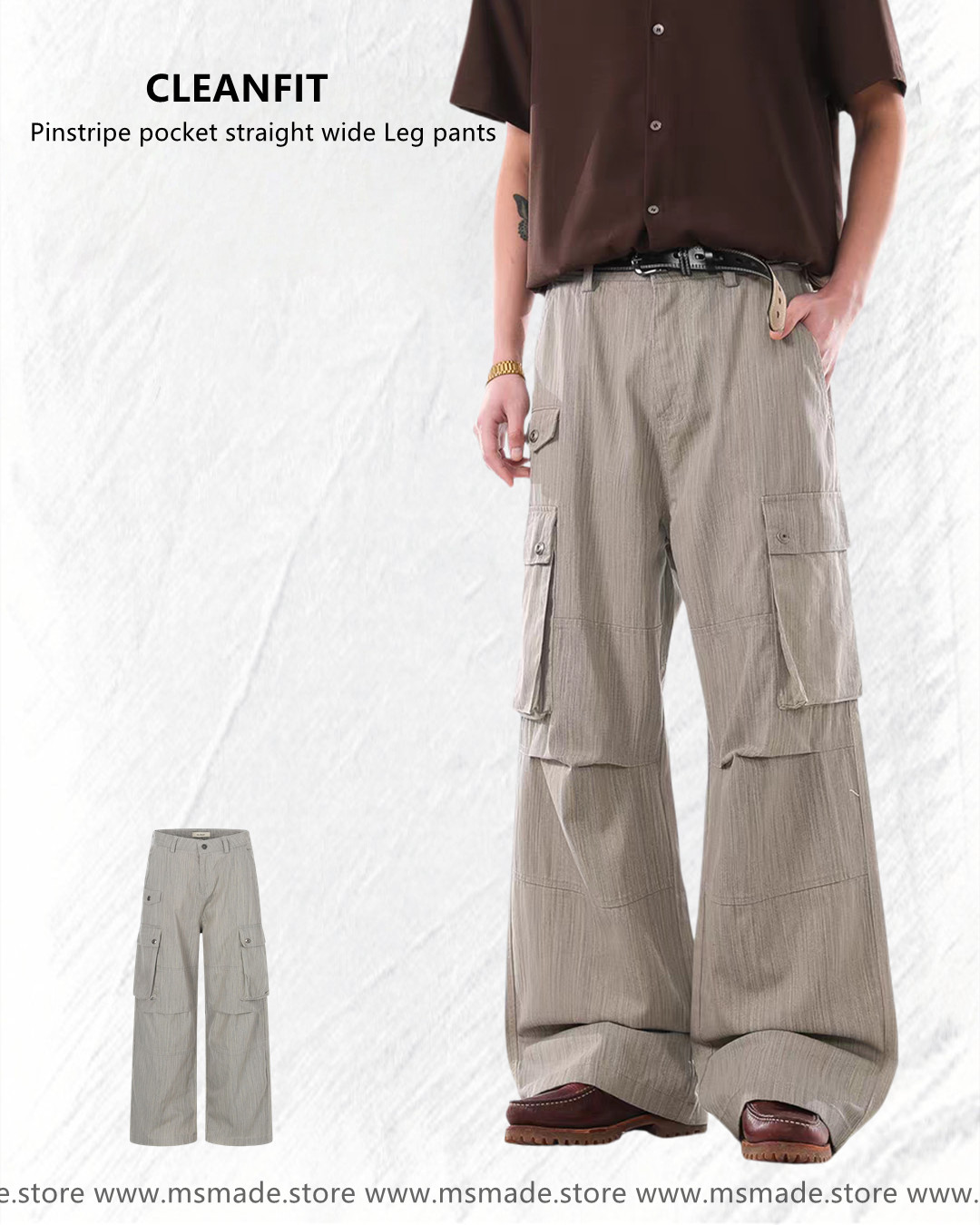 M6986直紋口袋直筒闊腿褲