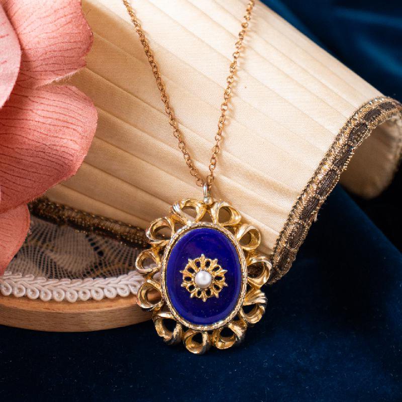 British Victorian Revival Blue Enamel and Faux Pearl Necklace (AC154)