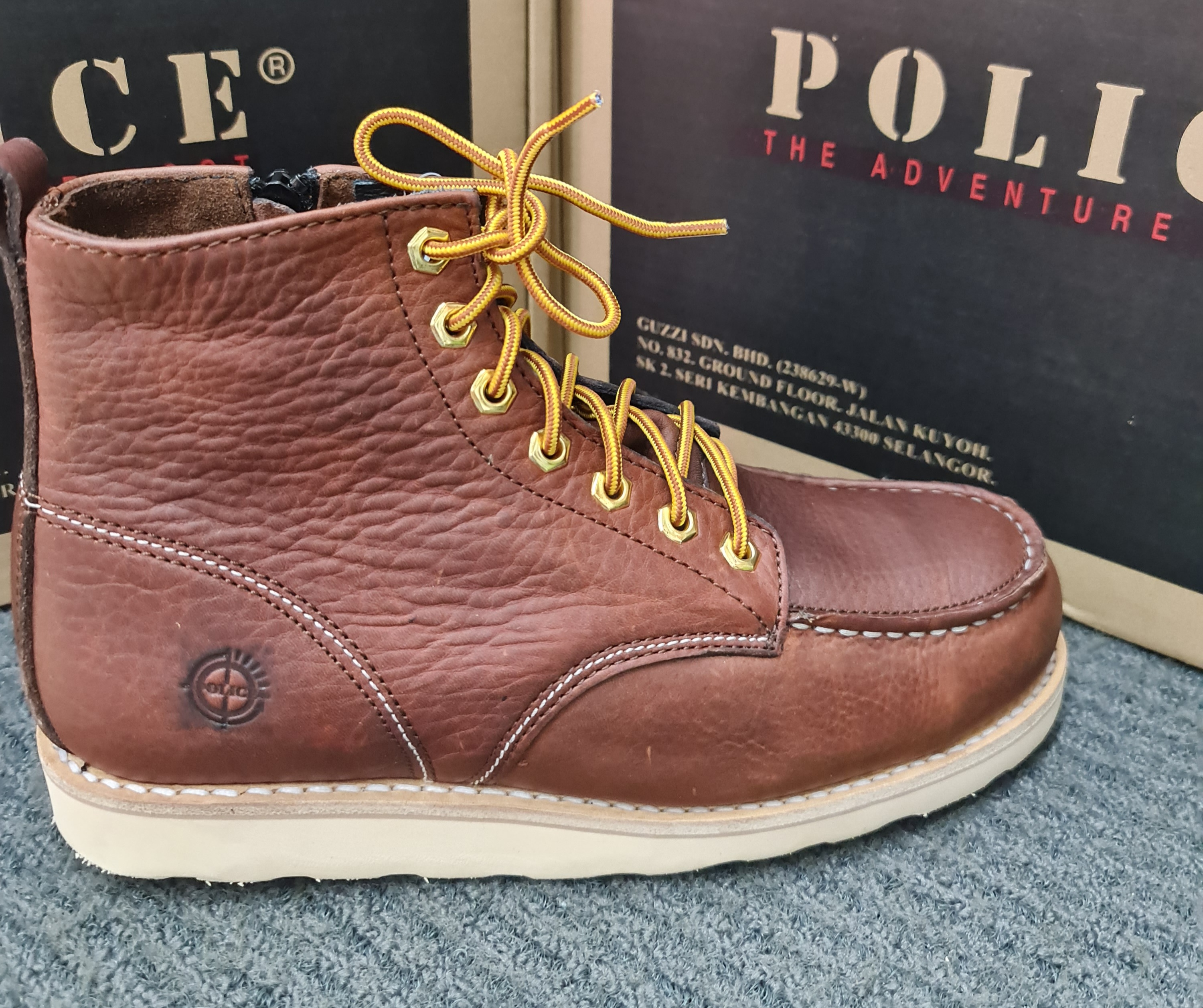 Police 93256 Men's Mid Cut Side ZIP Premium Safety Work Boots  SAFETY Steel Toe Cap, Steel Plate, Goodyear Welt, Genuine Leather Kasut Keselamatan