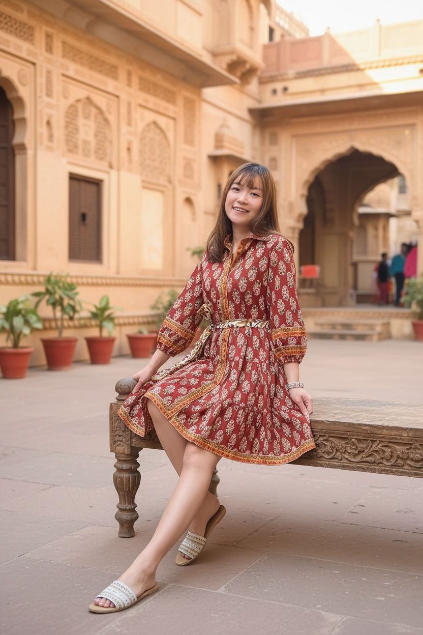 Red Floral Block Print Short OP #1025