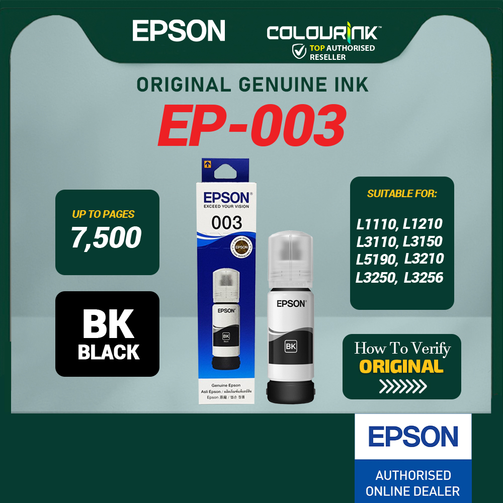 Epson Original 003 Refill Ink Bottle V100 V200 V300 V400 L1110 L1210 L3110 L3150 L5190 L3210 L3250 L3256
