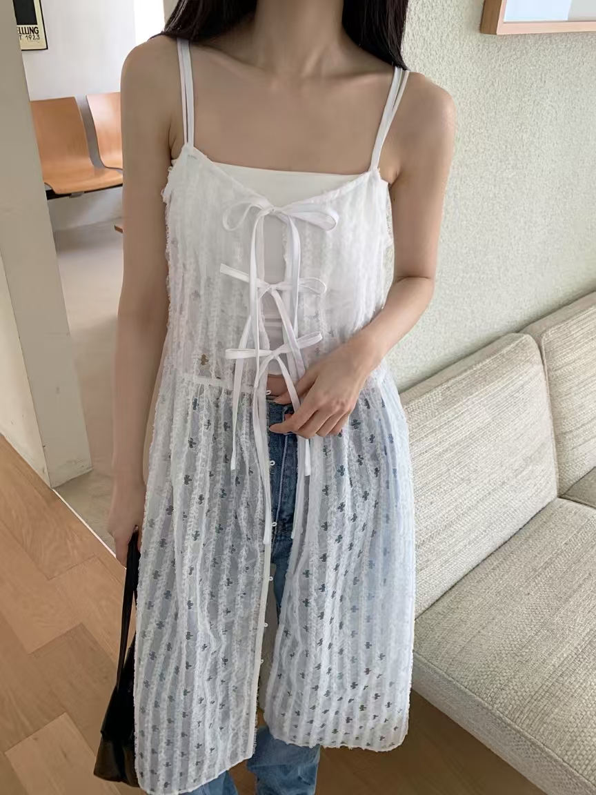 Spaghetti Strap Bow Tie Embroidered Sheer Mesh Long Top ‖ 吊带蝴蝶结绑带刺绣网纱长版上衣 KR01902203