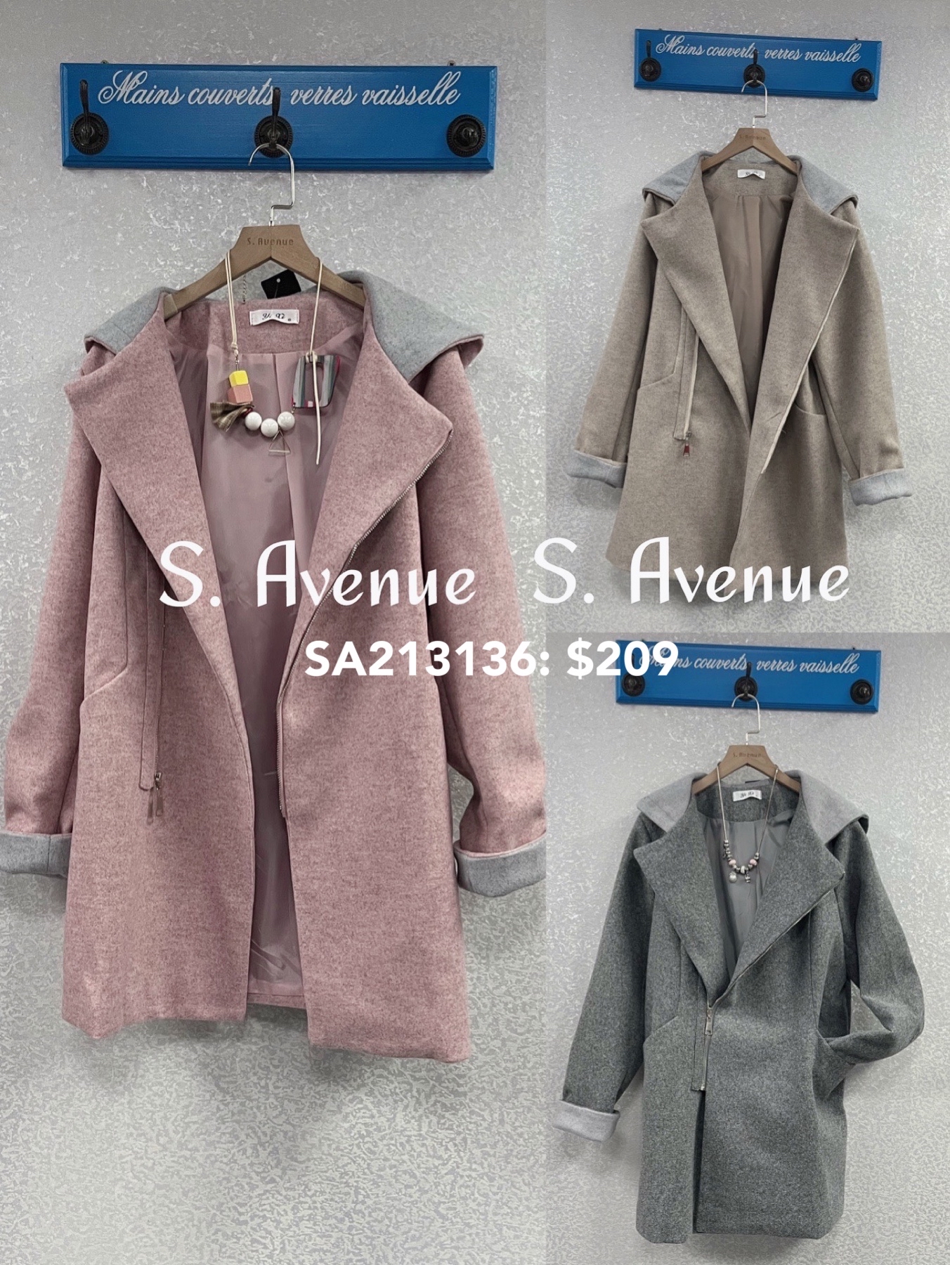 SA213136: 長袖大反領有帽撞色長絨褸