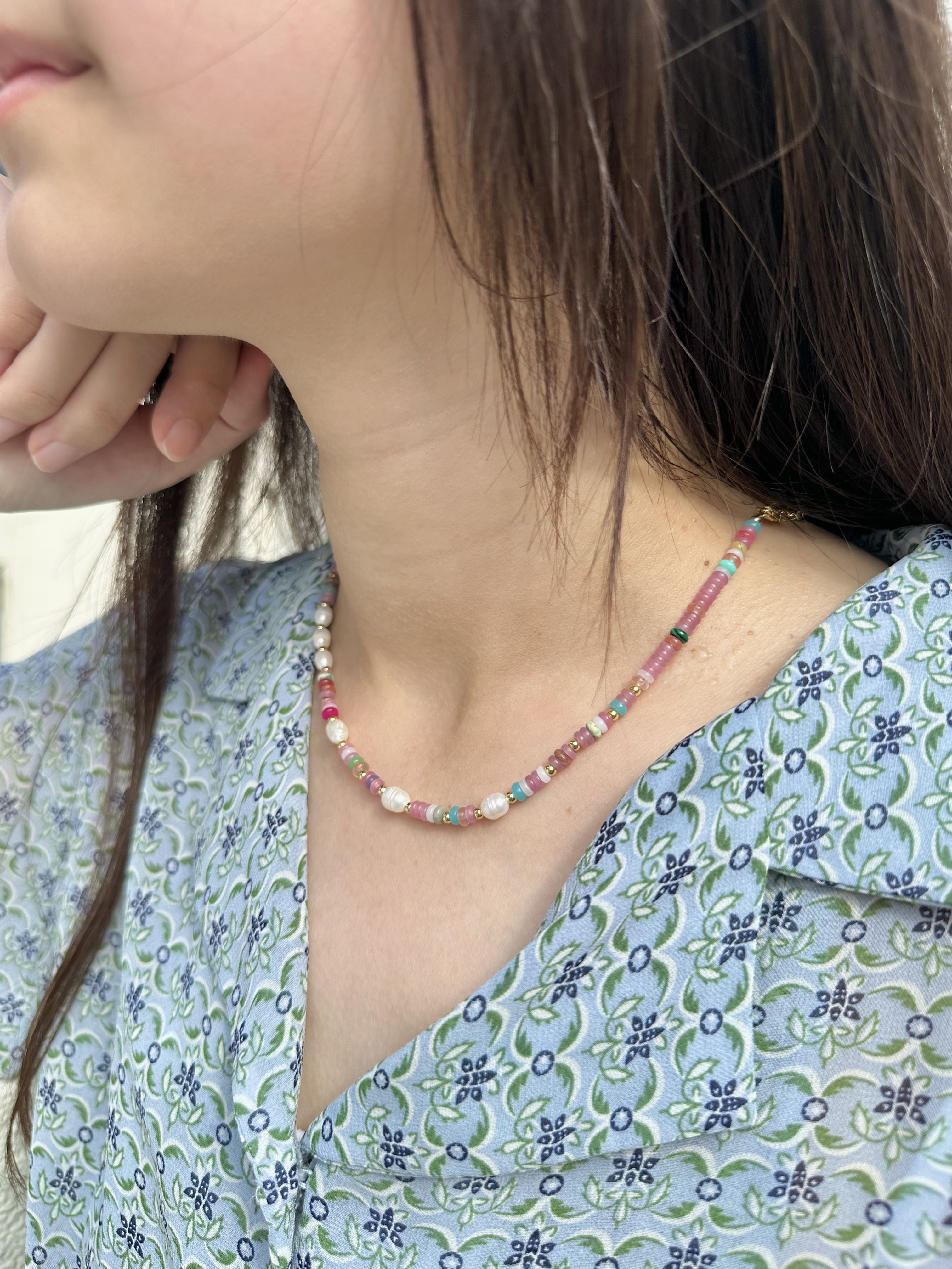 Pink stone stainless necklace